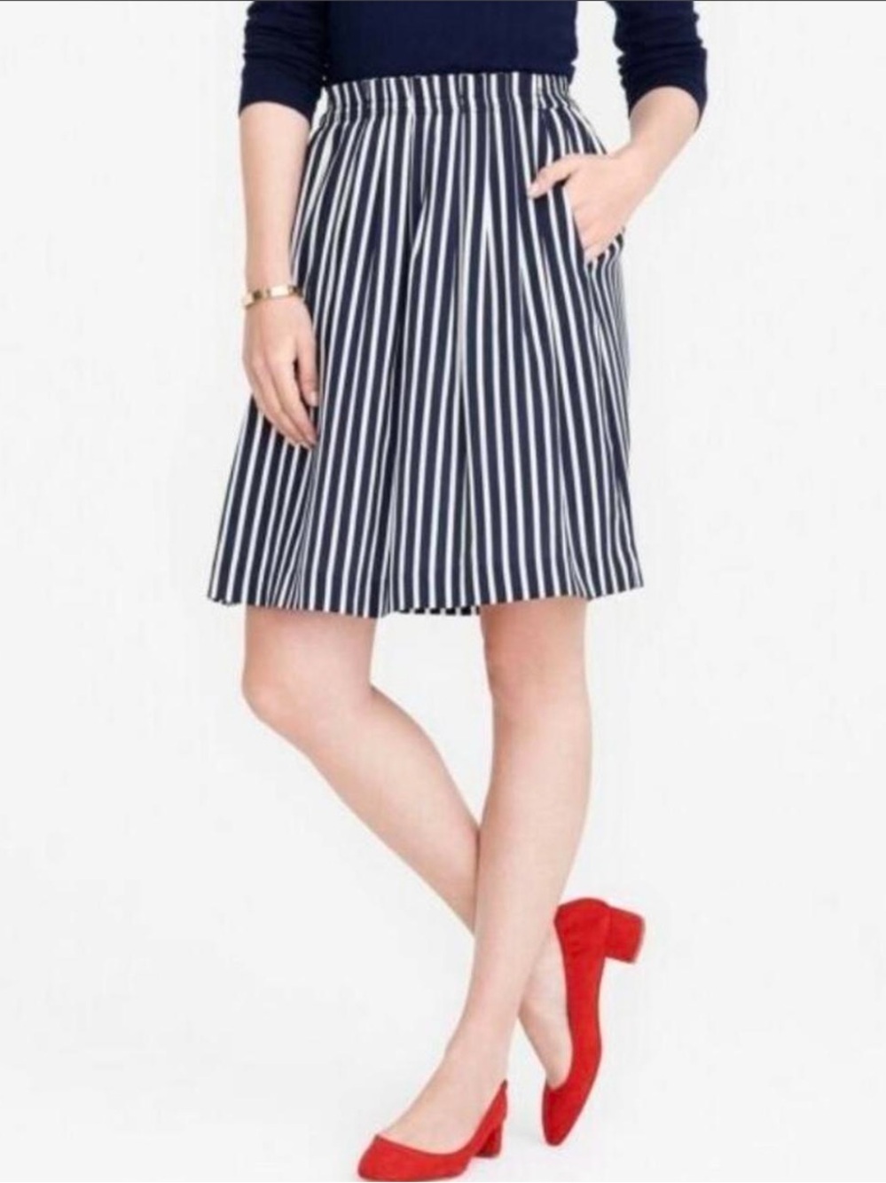 NWOT! J. Crew Mercantile Navy and White Vertical-Striped Midi Skirt